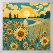 Waterverf Zonnebloemen Landschap in Van Gogh Stijl Poster (Voorkant)