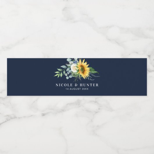 waterverf zonnebloemen marineblauw bruiloft waterfles etiket (Enkel label)