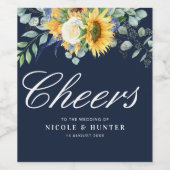 waterverf zonnebloemen marineblauw bruiloft wijn etiket (Enkel label)