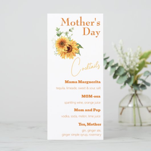 Waterverf Zonnebloemen Moederdag Cocktails Menu (Staand voorkant)