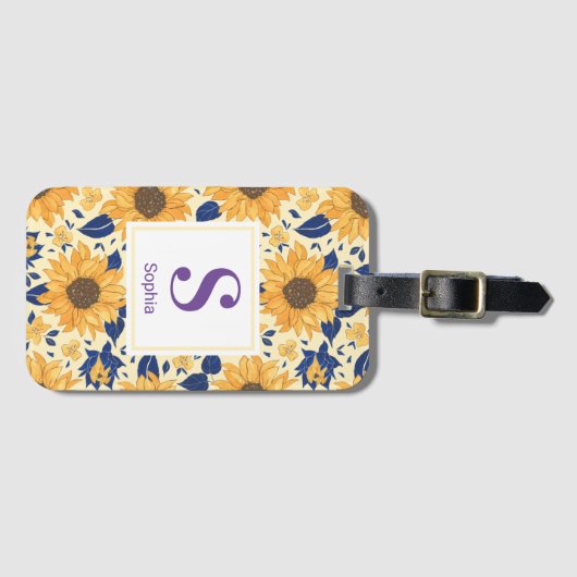 Waterverf zonnebloemen Monogram Bagagelabel (Voorkant (horizontaal))