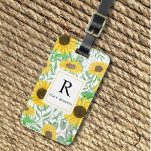 Waterverf zonnebloemen Monogram Bagagelabel