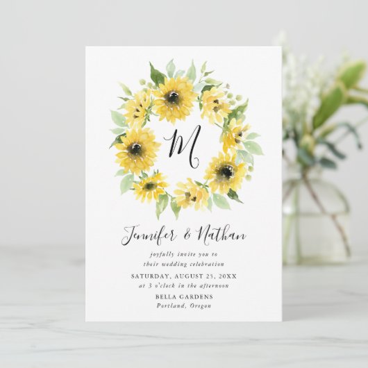 Waterverf Zonnebloemen Monogram krans | Bruiloft Kaart (Staand voorkant)