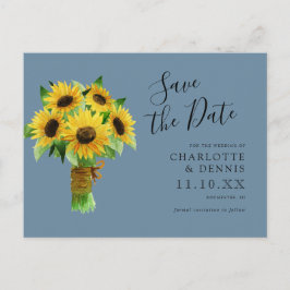 waterverf zonnebloemen op blauw Save the date Briefkaart