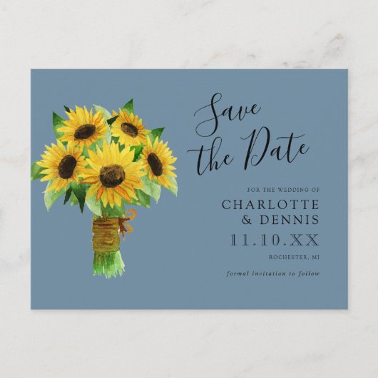 waterverf zonnebloemen op blauw Save the date Briefkaart (Voorkant)