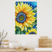 Waterverf zonnebloemen op een blauwe achtergrond i poster (Keuken)