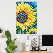 Waterverf zonnebloemen op een blauwe achtergrond i poster (Thuiskantoor)