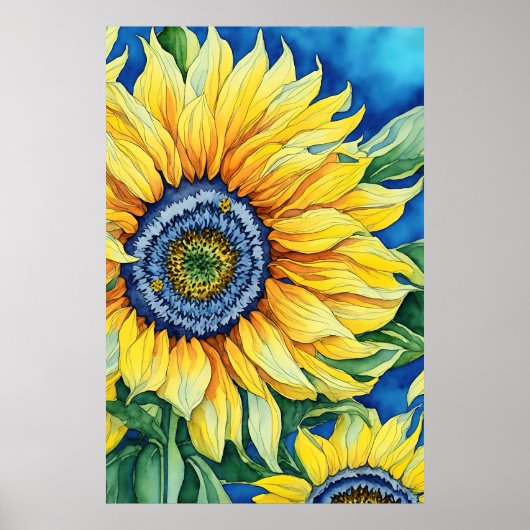 Waterverf zonnebloemen op een blauwe achtergrond i poster (Voorkant)