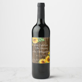 Waterverf Zonnebloemen op houtlook Mousserende wij Wijn Etiket