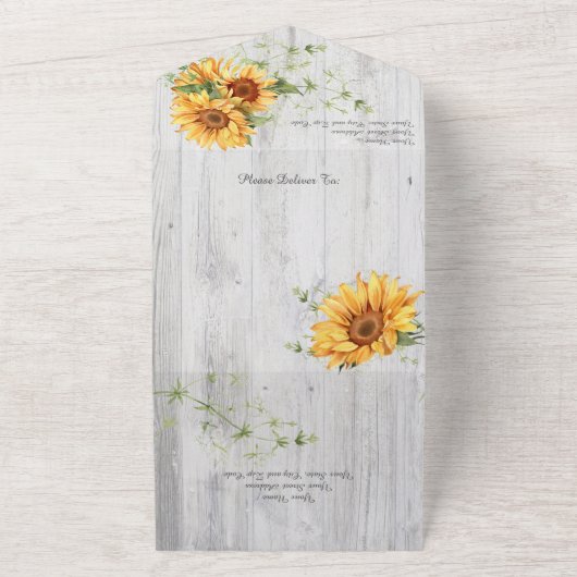 Waterverf Zonnebloemen op Whitewash Wood All In One Uitnodiging (Buitenkant)