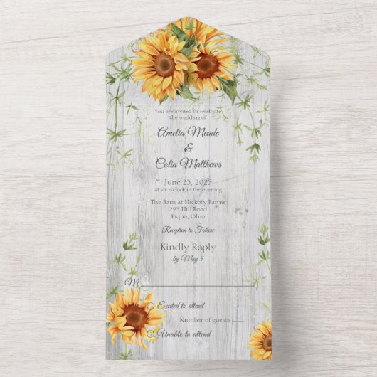 Waterverf Zonnebloemen op Whitewash Wood All In One Uitnodiging (Binnen)