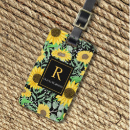 Waterverf Zonnebloemen op zwart Monogram Bagagelabel