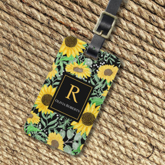 Waterverf Zonnebloemen op zwart Monogram Bagagelabel