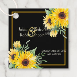 Waterverf zonnebloemen op zwarte bruiloft bedankjes labels