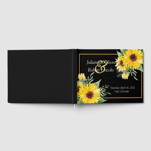 Waterverf zonnebloemen op zwarte bruiloft gastenboek (Volledig)