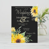 Waterverf zonnebloemen op zwarte bruiloft kaart (Staand voorkant)