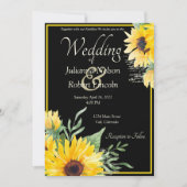 Waterverf zonnebloemen op zwarte bruiloft kaart (Voorkant)