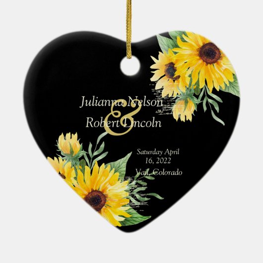 Waterverf zonnebloemen op zwarte bruiloft keramisch ornament (Achterkant)