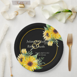 Waterverf zonnebloemen op zwarte bruiloft papieren bordje