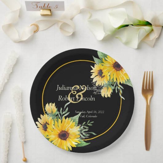 Waterverf zonnebloemen op zwarte bruiloft papieren bordje (Huwelijk)