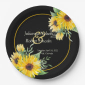 Waterverf zonnebloemen op zwarte bruiloft papieren bordje (Voorkant)