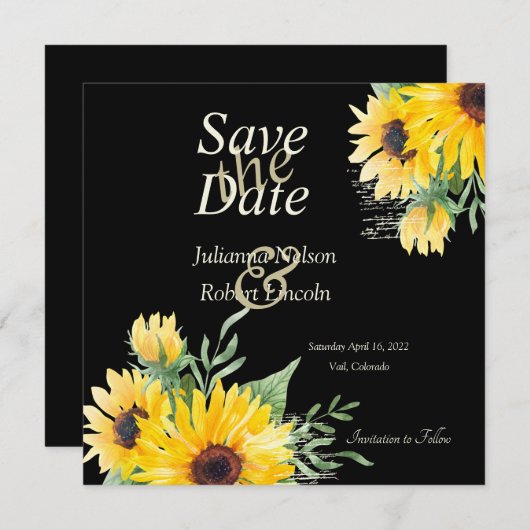 Waterverf zonnebloemen op zwarte bruiloft save the date (Voorkant / Achterkant)