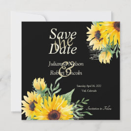 Waterverf zonnebloemen op zwarte bruiloft save the date