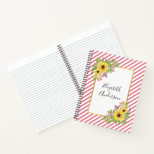 Waterverf zonnebloemen, roze en witte strepen notitieboek (Binnen)