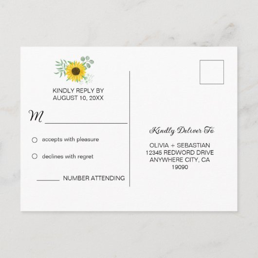 Waterverf Zonnebloemen RSVP Briefkaart (Achterkant)