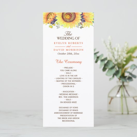 Waterverf zonnebloemen Rustic Chic Wedding Program Programmakaart (Staand voorkant)