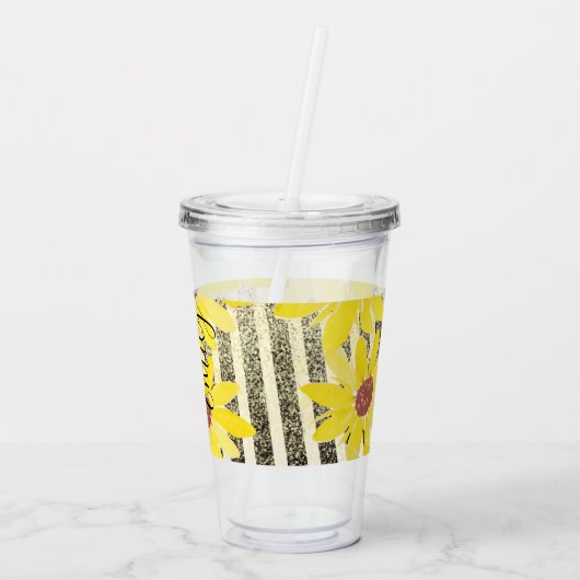 Waterverf Zonnebloemen Stripes Monogrammen Naam Ac Acryl Drinkbeker (Achterkant)