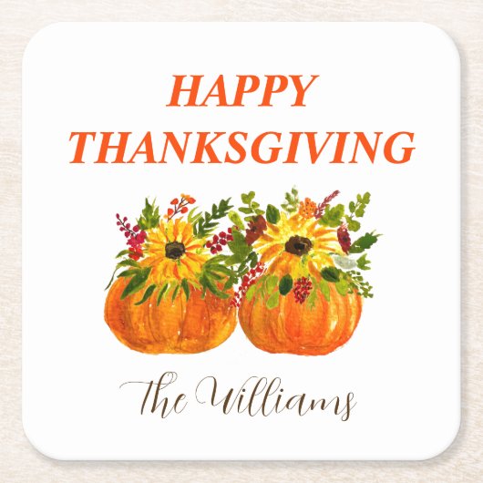 Waterverf Zonnebloemen Thanksgiving Pompoenen Herf Kartonnen Onderzetters (Voorkant)
