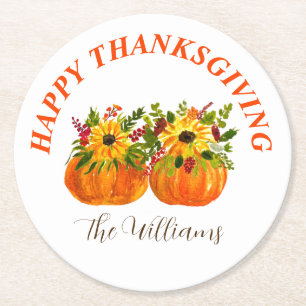 Waterverf Zonnebloemen Thanksgiving Pompoenen Herf Ronde Kartonnen Onderzetter