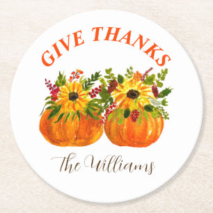 Waterverf Zonnebloemen Thanksgiving Pompoenen Herf Ronde Kartonnen Onderzetter