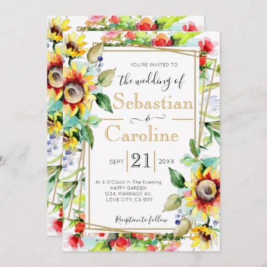 Waterverf Zonnebloemen Uitnodiging tot weddenschap (Voorkant / Achterkant)
