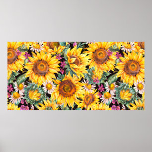Waterverf zonnebloemen vintage naadloos deel poster