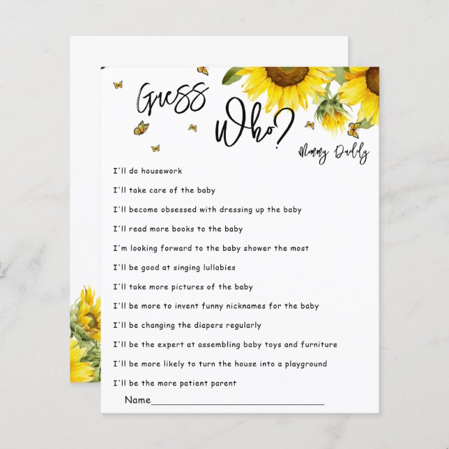 Waterverf Zonnebloemen & Vlinders Raad Wie Game (Voorkant / Achterkant)