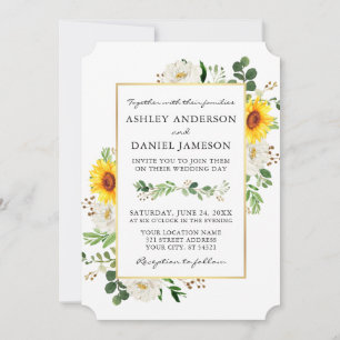 Waterverf Zonnebloemen White Floral Gold Wedding Kaart