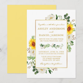 Waterverf Zonnebloemen White Floral Gold Wedding Kaart