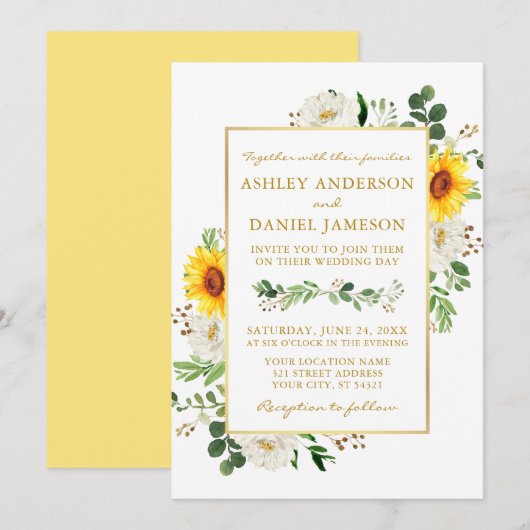 Waterverf Zonnebloemen White Floral Gold Wedding Kaart (Voorkant / Achterkant)