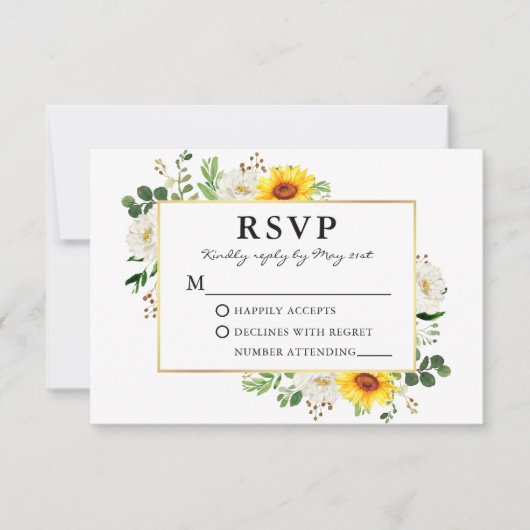 Waterverf Zonnebloemen White Floral Gold Wedding RSVP Kaartje (Voorkant)