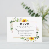 Waterverf Zonnebloemen White Floral Gold Wedding RSVP Kaartje (Staand voorkant)