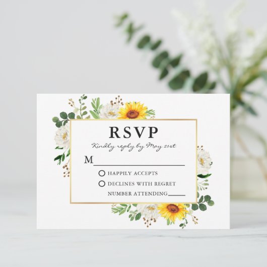 Waterverf Zonnebloemen White Floral Gold Wedding RSVP Kaartje (Staand voorkant)