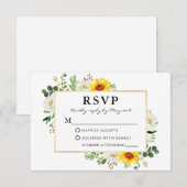 Waterverf Zonnebloemen White Floral Gold Wedding RSVP Kaartje (Voorkant / Achterkant)
