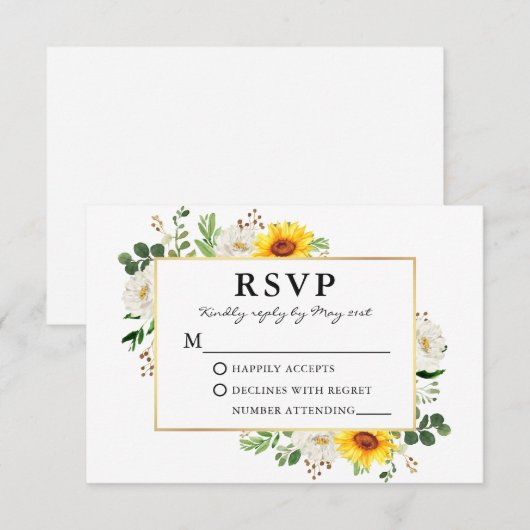 Waterverf Zonnebloemen White Floral Gold Wedding RSVP Kaartje (Voorkant / Achterkant)