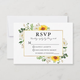 Waterverf Zonnebloemen White Floral Gold Wedding RSVP Kaartje