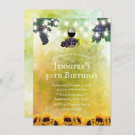 Waterverf Zonnebloemen Wijngaard Wijn 30ste Verjaa Kaart (Voorkant / Achterkant)