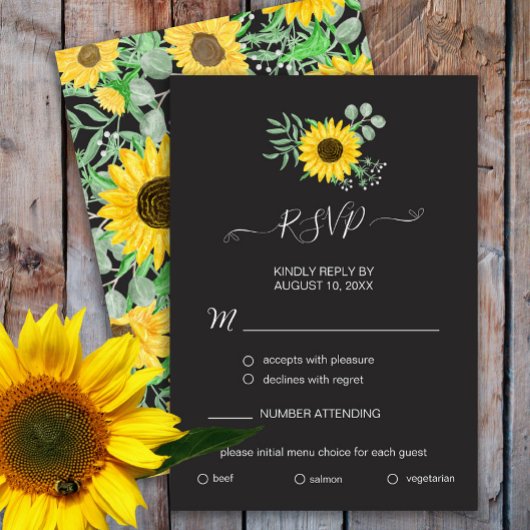 Waterverf Zonnebloemen Zwart Menu Keuze RSVP-kaart