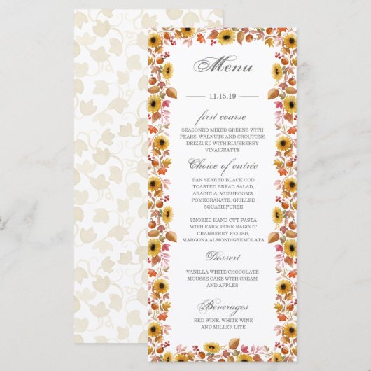 Waterverf zonnebloempompoenen herfstmenukaart menu (Voorkant / Achterkant)