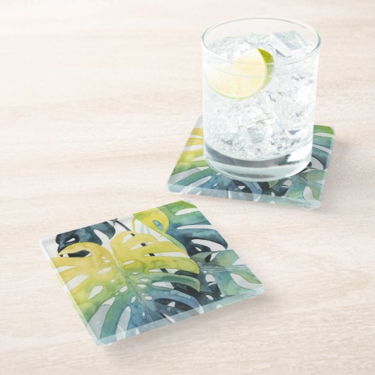 Waterverf zonnepalmbladeren glazen onderzetter (Schuin)